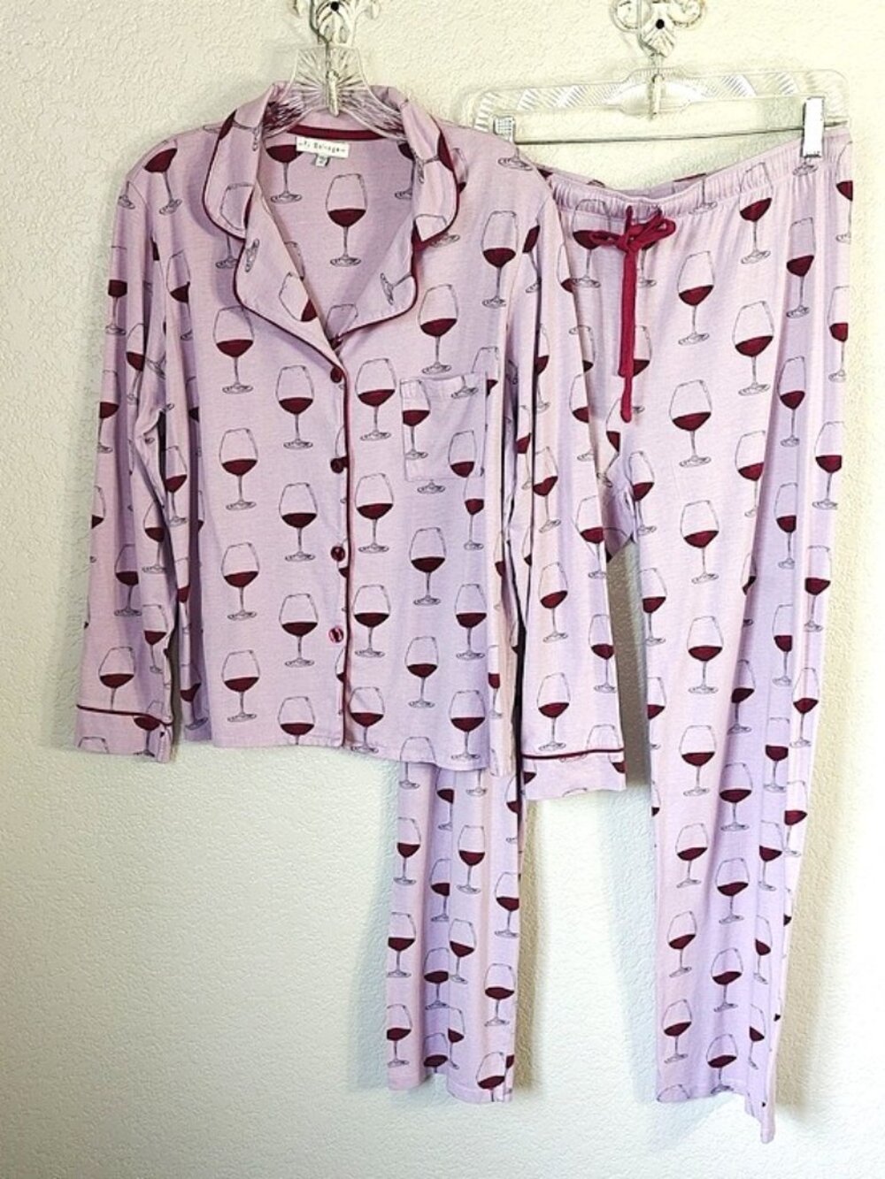 PJ Salvage Size M Pajama Set Wine Glasses Long Sleeve & Pant Bottoms